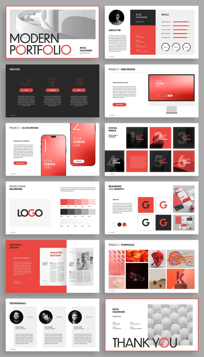 Download a modern portfolio design presentation template as a fully customizable Adobe InDesign layout. No AI!