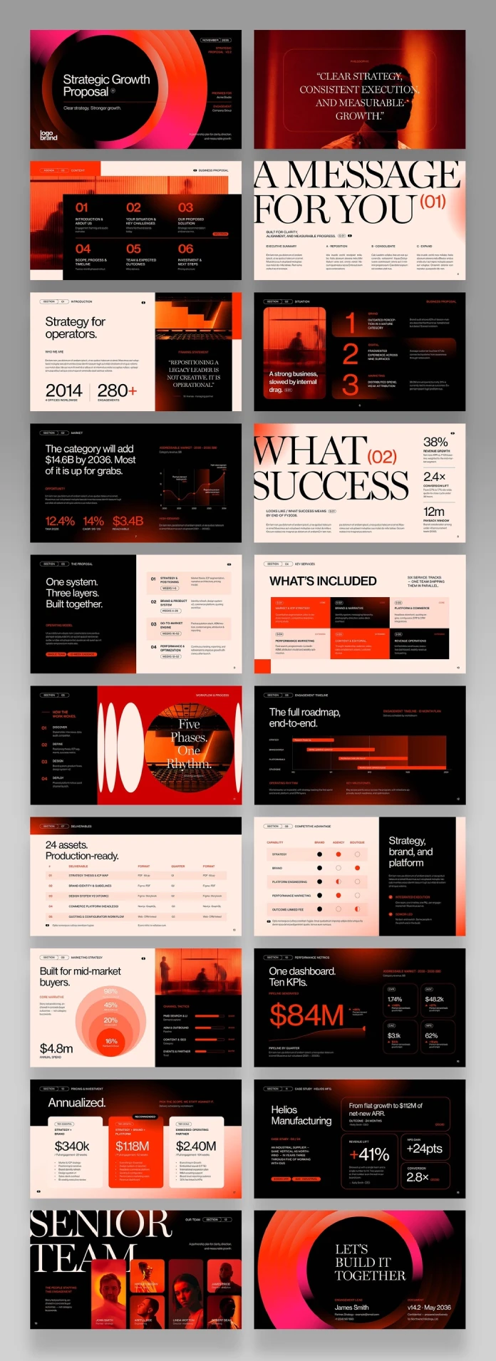 A business proposal presentation template for Adobe Illustrator, Adobe InDesign, Canva, Affinity, Keynote, PowerPoint, and Google Slides, created by BrandPacks.