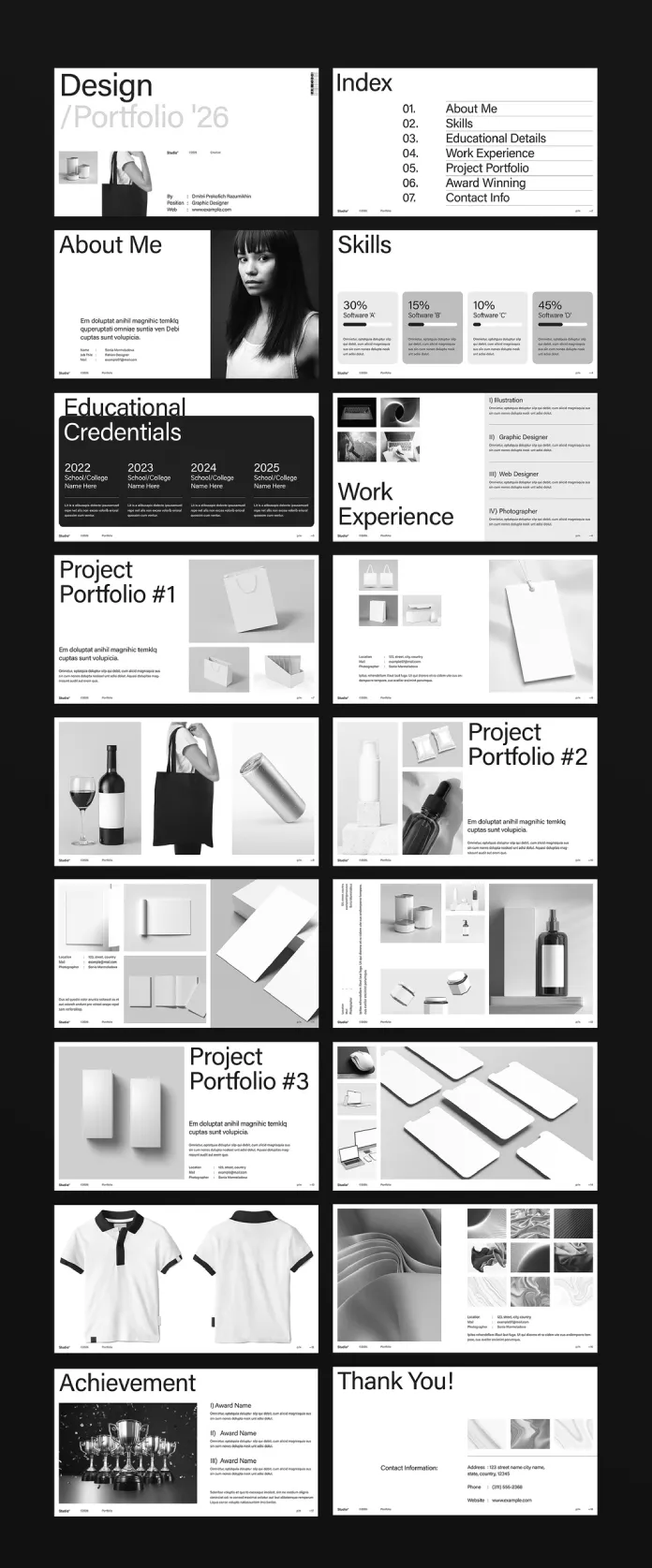 A graphic design portfolio presentation template for Adobe InDesign, created by E-Type.