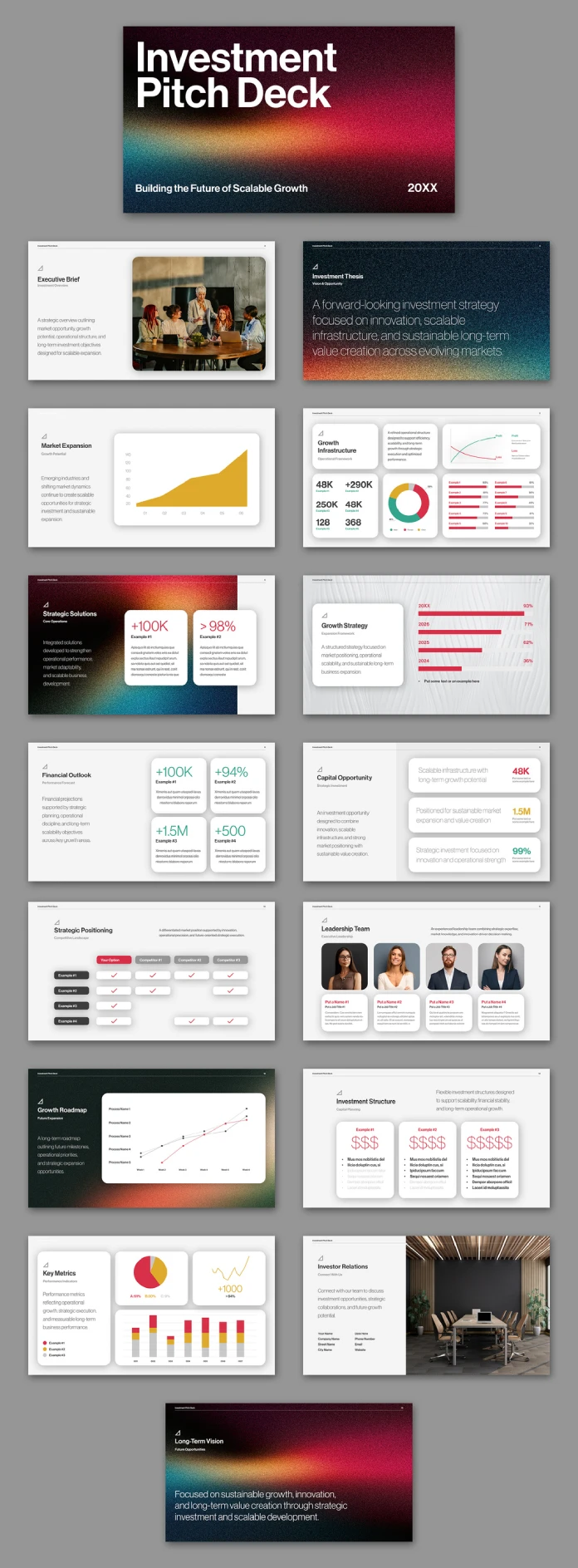 An investment pitch deck InDesign template with clean infographics for interactive PDF presentations, designed by Tom Sarraipo.