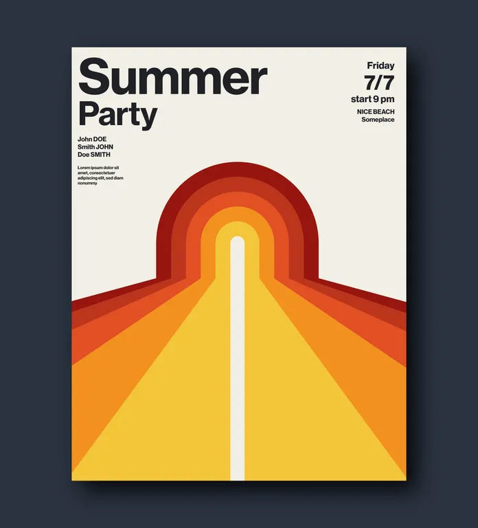 A minimalist summer party poster template in a geometric graphic style by Jozef Micic. The colorful sun graphic is a fully editable vector graphic.