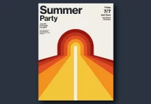 A minimalist summer party poster template in a geometric graphic style by Jozef Micic. The colorful sun graphic is a fully editable vector graphic.