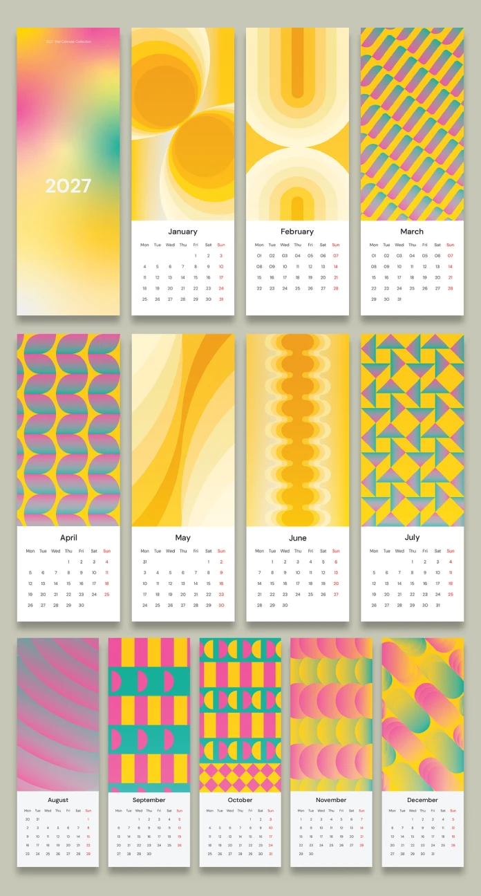 A Risograph Wall Calendar 2027 Vector Graphic Template with Retro Pattern Backgrounds by Designcy Studio.
