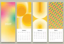 2027 Risograph Wall Calendar Template: A Hands-On Test of Designcy Studio’s Retro Pattern Design A Risograph Wall Calendar 2027 Vector Graphic Template with Retro Pattern Backgrounds by Designcy Studio.