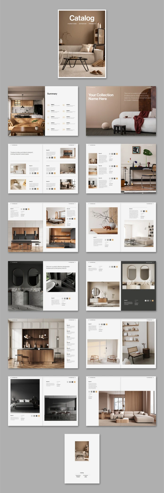 A4 furniture and interior design catalog template for Adobe InDesign, created by graphic designer Tom Sarraipo.