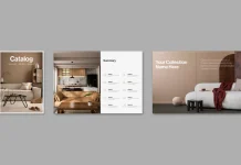 A4 furniture and interior design catalog template for Adobe InDesign, created by graphic designer Tom Sarraipo.