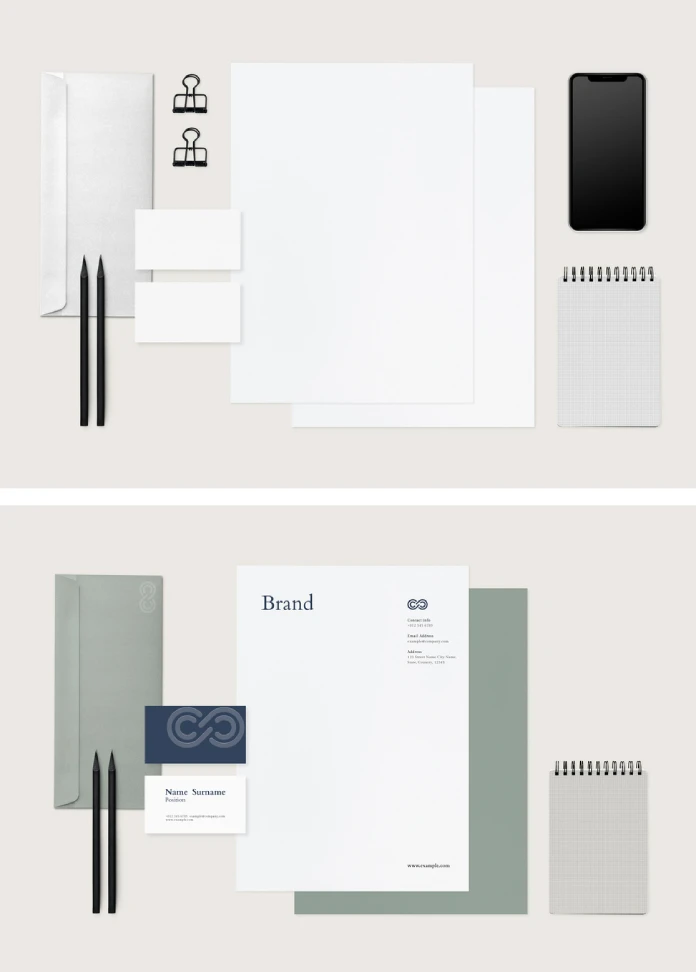 Adobe Photoshop corporate identity mockup with a customizable stationery set and business card.