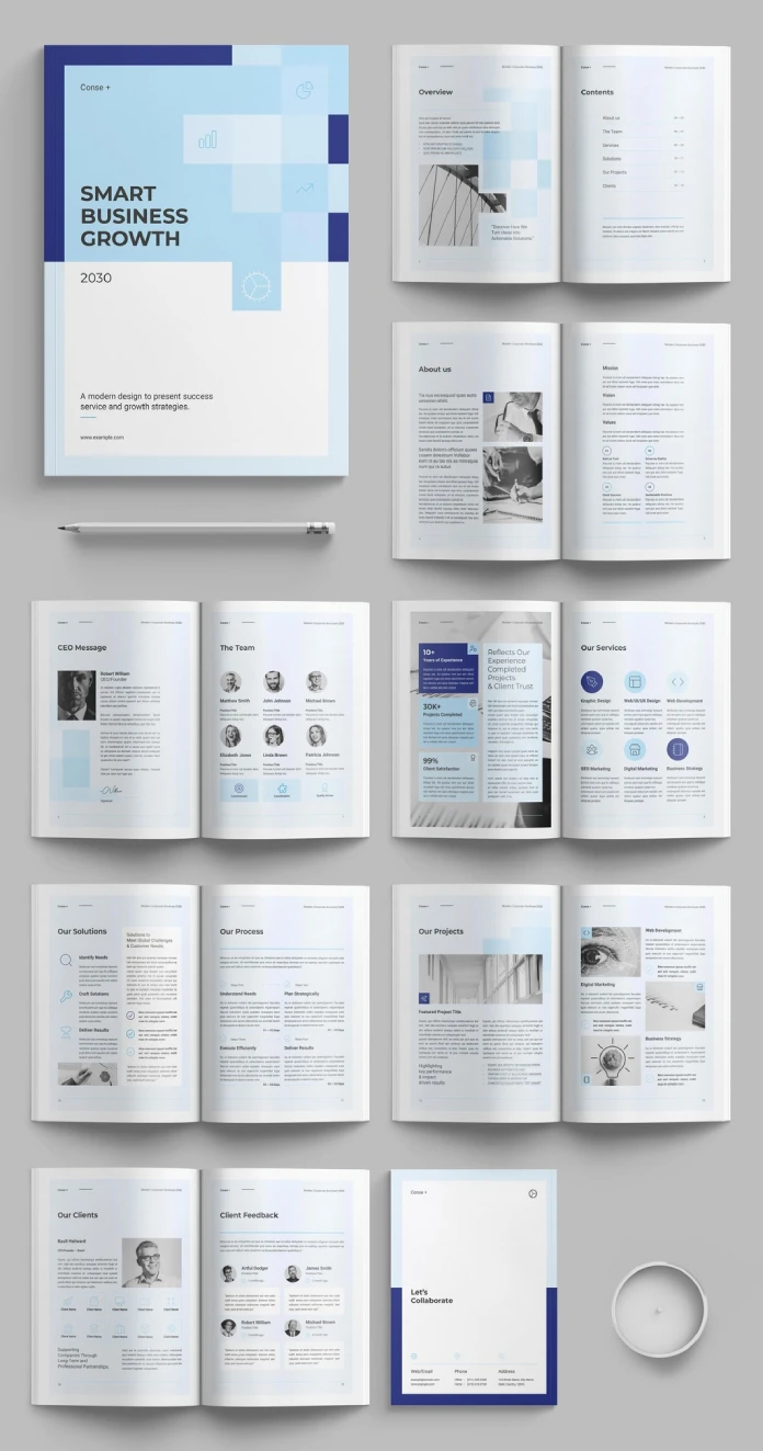 Corporate Brochure InDesign Template for Company Profiles and Annual Reports in US Letter and A4.