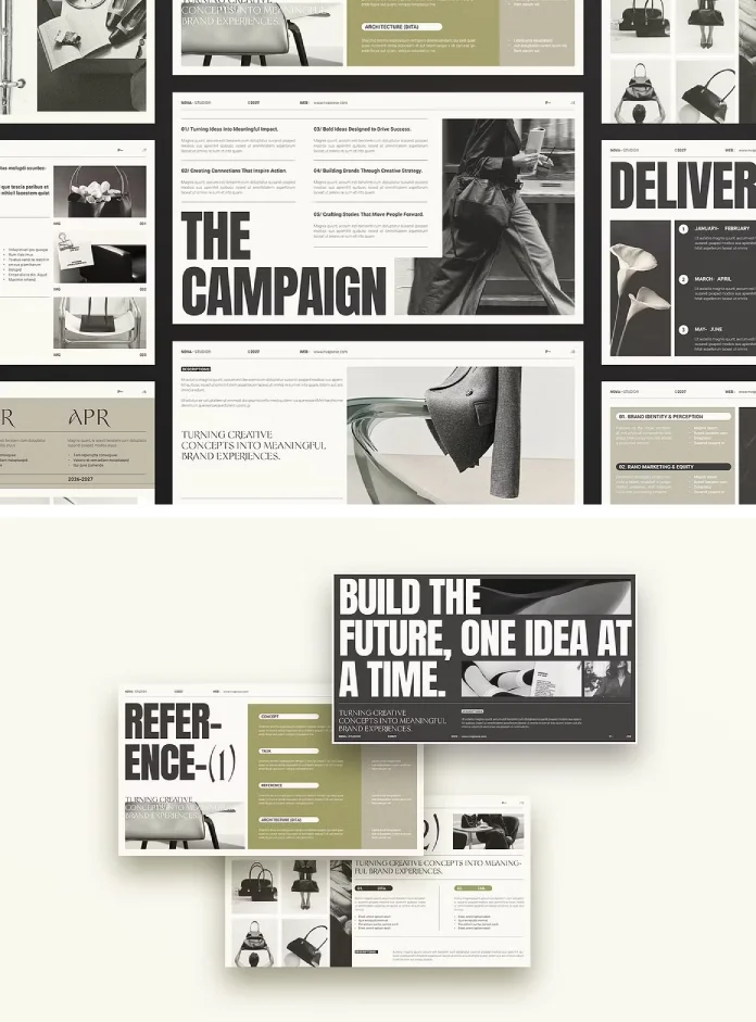 A creative brief campaign presentation template for Adobe InDesign, Google Slides, Canva, Keynote, Affinity Studio, and PowerPoint, designed by Studio Monova.