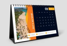 A 2027 Desk Calendar Layout in A5 for Adobe InDesign That Actually Survives a Full Year on Your Desk This 2027 desk calendar design in A5 is fully customizable as an Adobe InDesign template.