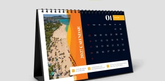 This 2027 desk calendar design in A5 is fully customizable as an Adobe InDesign template.