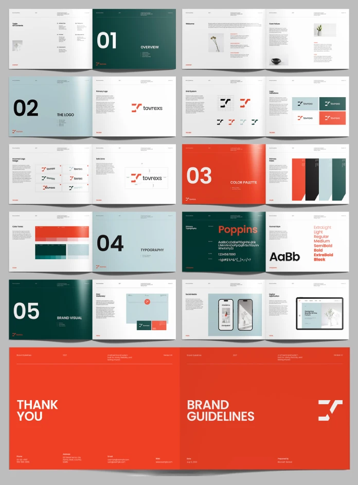 Brand guidelines brochure template for Adobe InDesign layouts in A4 with orange and dark green accents by Designcy Studio.