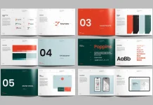 Why Does This Brand Guidelines Brochure Template Work So Well in Adobe InDesign? I’ll Tell You. Brand guidelines brochure template for Adobe InDesign layouts in A4 with orange and dark green accents by Designcy Studio.