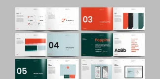 Brand guidelines brochure template for Adobe InDesign layouts in A4 with orange and dark green accents by Designcy Studio.