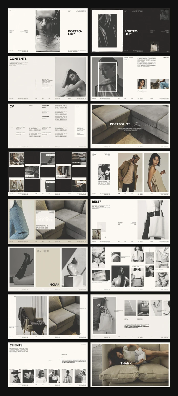 A digital portfolio template for use in Adobe InDesign, created by RedGiant.