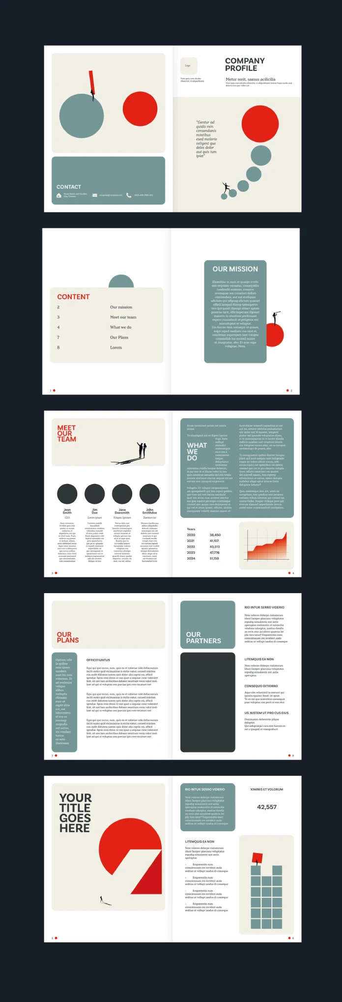 A printable company profile brochure template for Adobe InDesign with infographics in US Letter and A4.