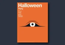 A Halloween party poster template for Adobe Illustrator with a minimalist cartoon illustration showing the eye of a ghost or a monster, which is hiding under the blanket. This fully customizable design was made by Jozef Micic.