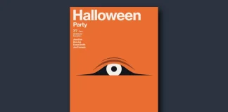 A Halloween party poster template for Adobe Illustrator with a minimalist cartoon illustration showing the eye of a ghost or a monster, which is hiding under the blanket. This fully customizable design was made by Jozef Micic.