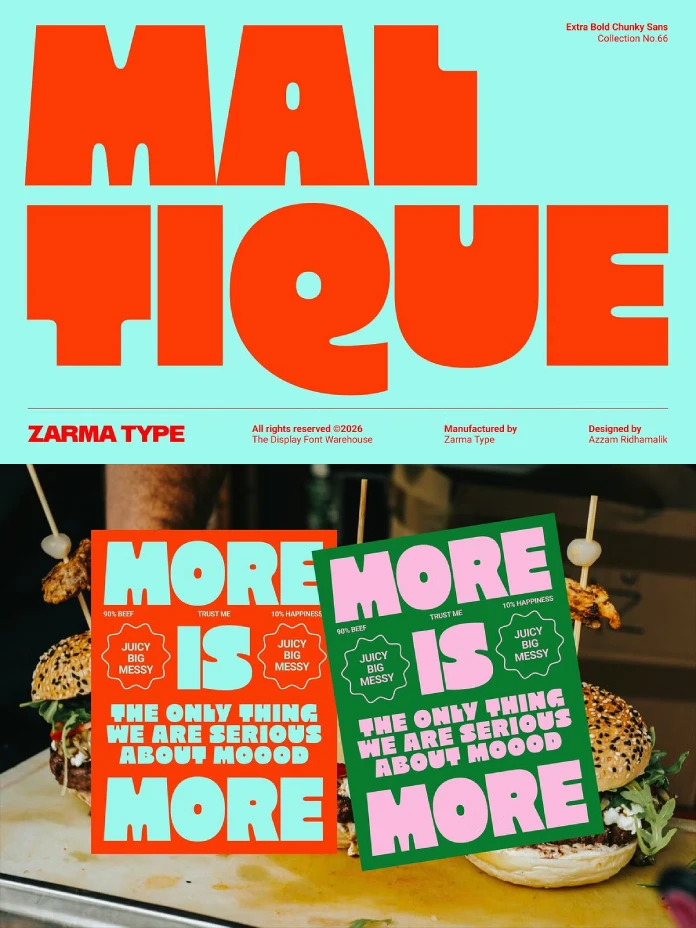 The Maltique font by Zarma Type is an extra-bold and super chunky retro sans-serif display typeface.