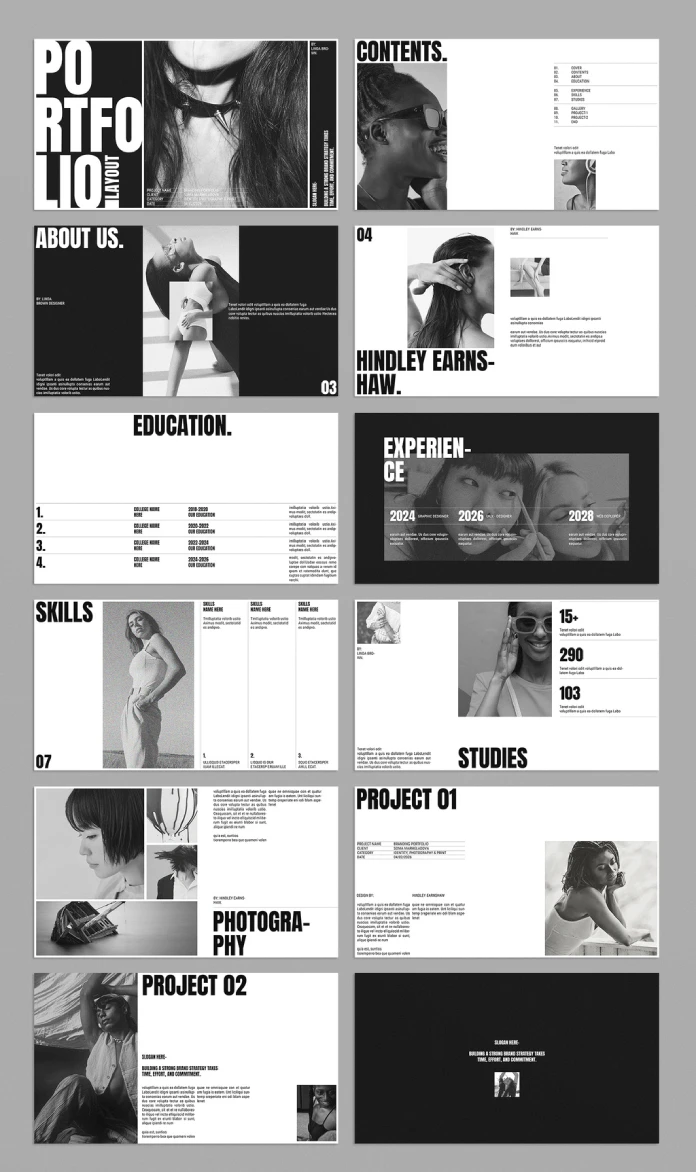A black-and-white Adobe InDesign brand portfolio presentation template by E-Type. The template is available for download via Adobe Stock.