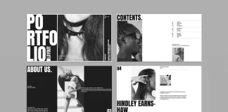 A black-and-white Adobe InDesign brand portfolio presentation template by E-Type. The template is available for download via Adobe Stock.