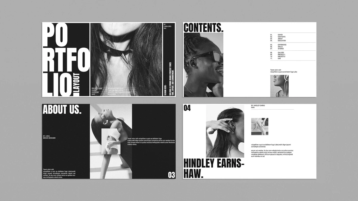 A black-and-white Adobe InDesign brand portfolio presentation template by E-Type. The template is available for download via Adobe Stock. A black-and-white Adobe InDesign brand portfolio presentation template by E-Type. The template is available for download via Adobe Stock.