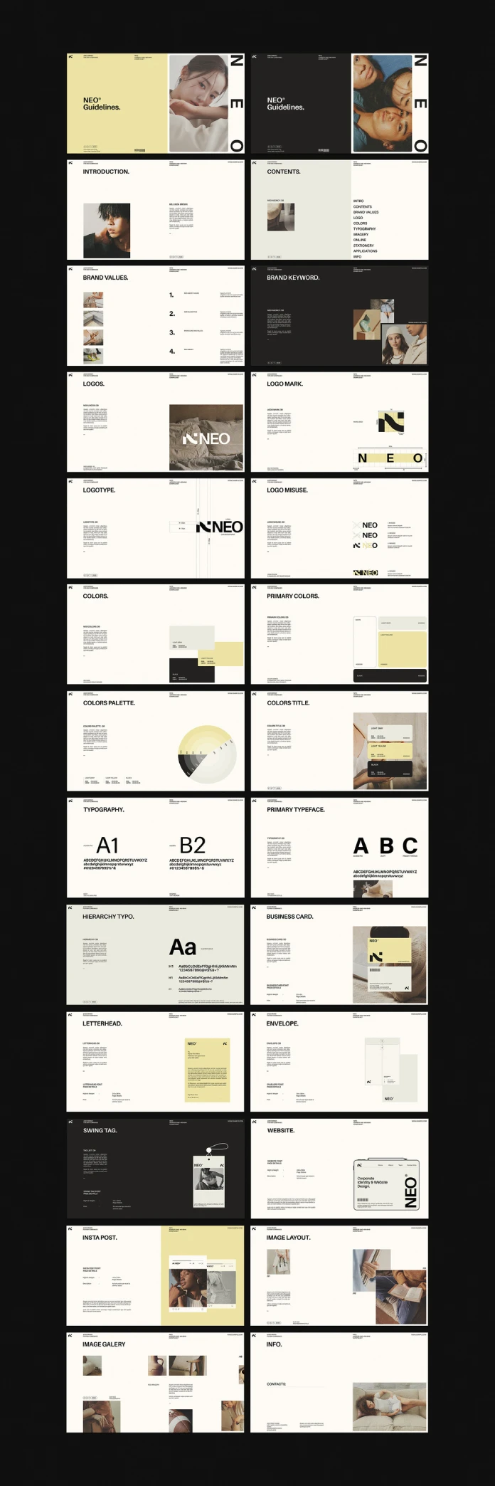 The NEO brand guidelines presentation template was designed by RedGiant as a customizable Adobe InDesign layout.