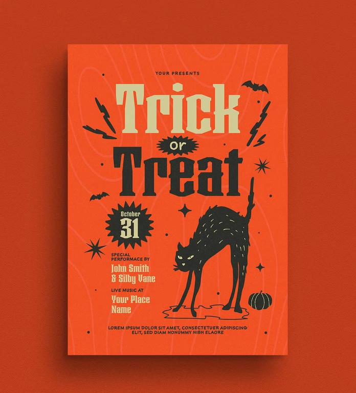 You can download this retro Halloween trick-or-treat party event flyer as a vector graphic for use in design software such as Adobe Illustrator.