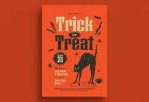 You can download this retro Halloween trick-or-treat party event flyer as a vector graphic for use in design software such as Adobe Illustrator.