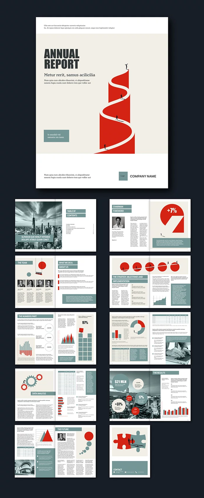 An InDesign annual report template with minimalist infographics and illustrations created by graphic designer and Adobe Stock contributor Jozef Micic.