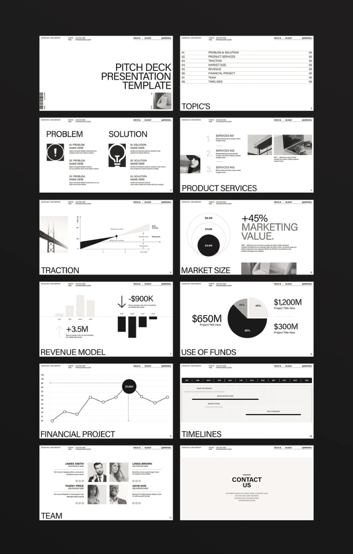 A minimalist InDesign pitch deck presentation template with infographics by Adobe Stock contributor E-Type in black and white.
