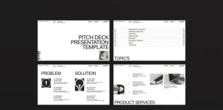 A minimalist InDesign pitch deck presentation template with infographics by Adobe Stock contributor E-Type in black and white.