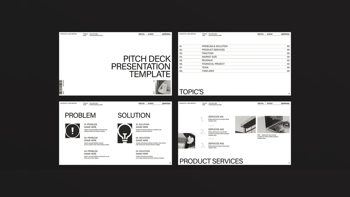 A minimalist InDesign pitch deck presentation template with infographics by Adobe Stock contributor E-Type in black and white. A minimalist InDesign pitch deck presentation template with infographics by Adobe Stock contributor E-Type in black and white.