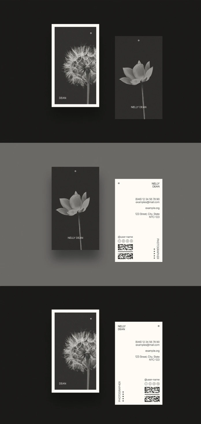 Download a modern and minimalist vertical business card design template for Adobe InDesign as a 2 x 3.5" layout.