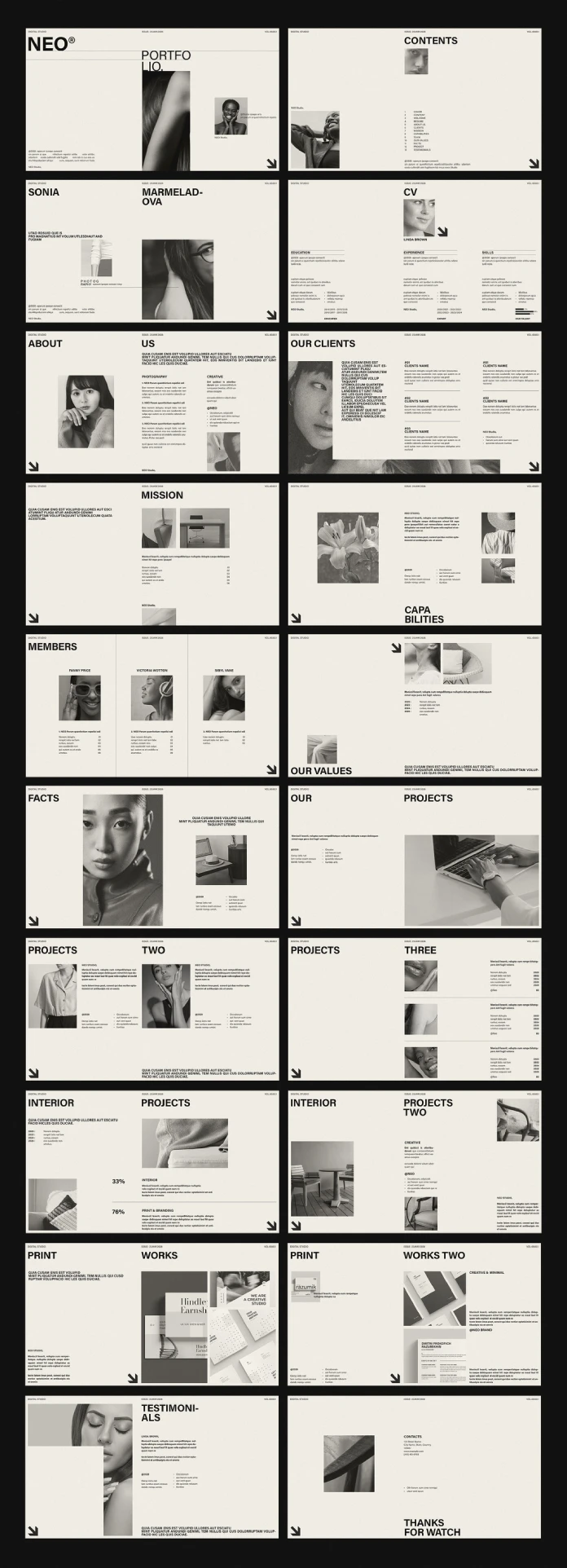 A minimalist grid-based InDesign portfolio and resume presentation design template created by Adobe Stock contributor RedGiant for eye-catching slide-deck presentations.