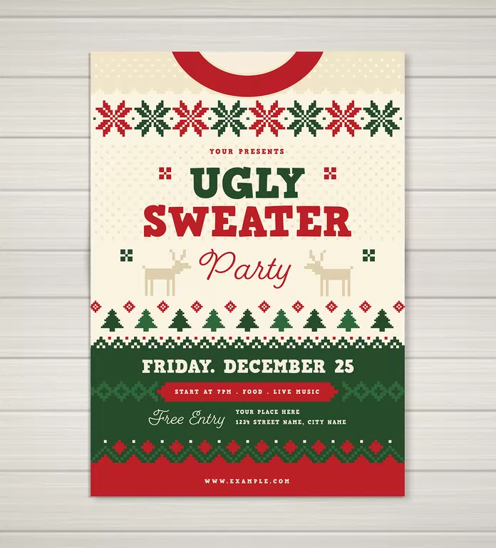 This Christmas party flyer template with an ugly sweater design is available for download as a customizable vector graphic in the form of an Adobe Illustrator layout.