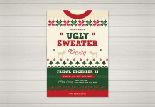 The Coolest Ugly Sweater Christmas Party Flyer Template for Adobe Illustrator! This Christmas party flyer template with an ugly sweater design is available for download as a customizable vector graphic in the form of an Adobe Illustrator layout.