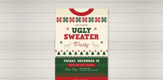 This Christmas party flyer template with an ugly sweater design is available for download as a customizable vector graphic in the form of an Adobe Illustrator layout.