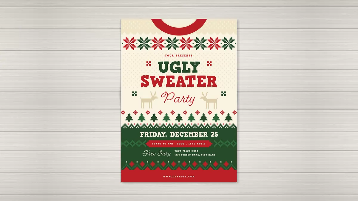 This Christmas party flyer template with an ugly sweater design is available for download as a customizable vector graphic in the form of an Adobe Illustrator layout. This Christmas party flyer template with an ugly sweater design is available for download as a customizable vector graphic in the form of an Adobe Illustrator layout.
